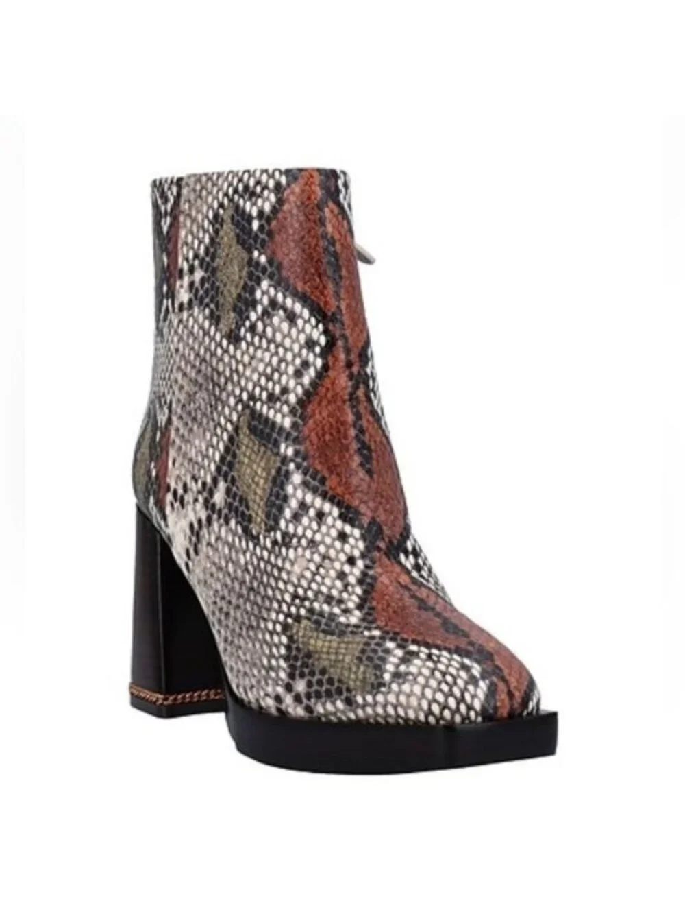 Tory Burch Ruby Python-Embossed Ankle Boots Size 8 Aspen Block Heel Chain Accent